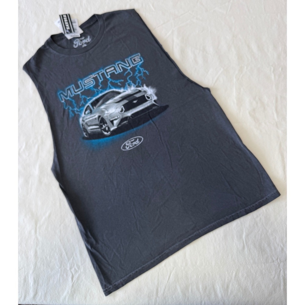 Ford Mustang Muscle Shirt Men's S Gray Graphic‎ Car Lightning Sleeveless Tee NWT - Picture 2 of 4